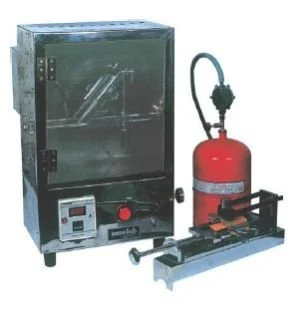 Flammability testing cabinet with burner assembly and gas supply