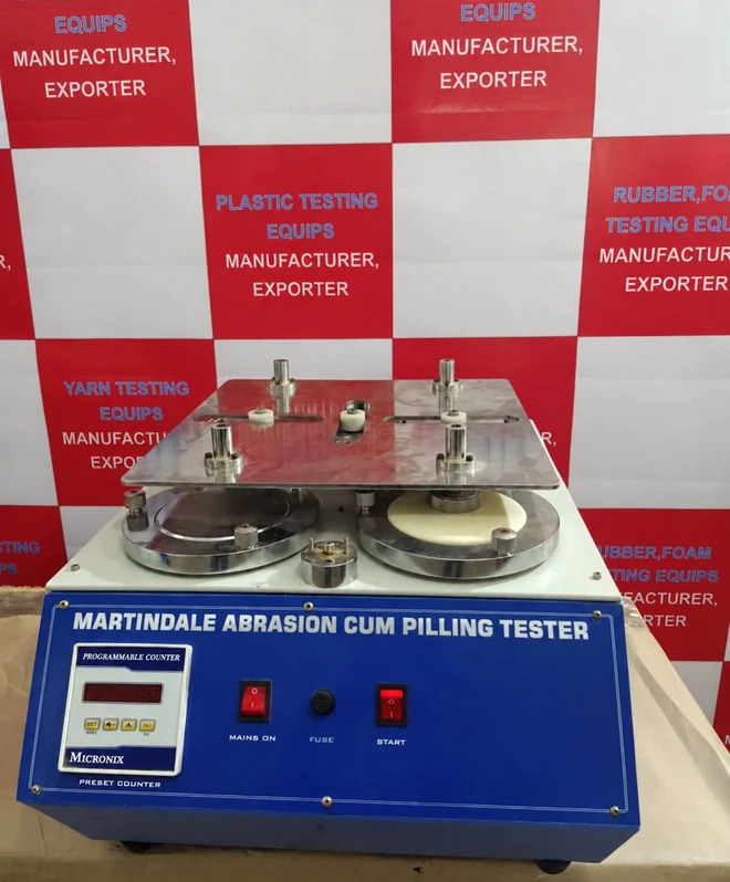Martindale abrasion and pilling tester with circular specimen stations and digital cycle counter